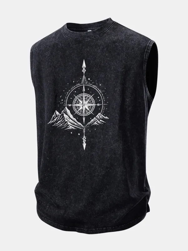 Mountain Compass Print Washed Distressed Tank Top made by Hoooyi