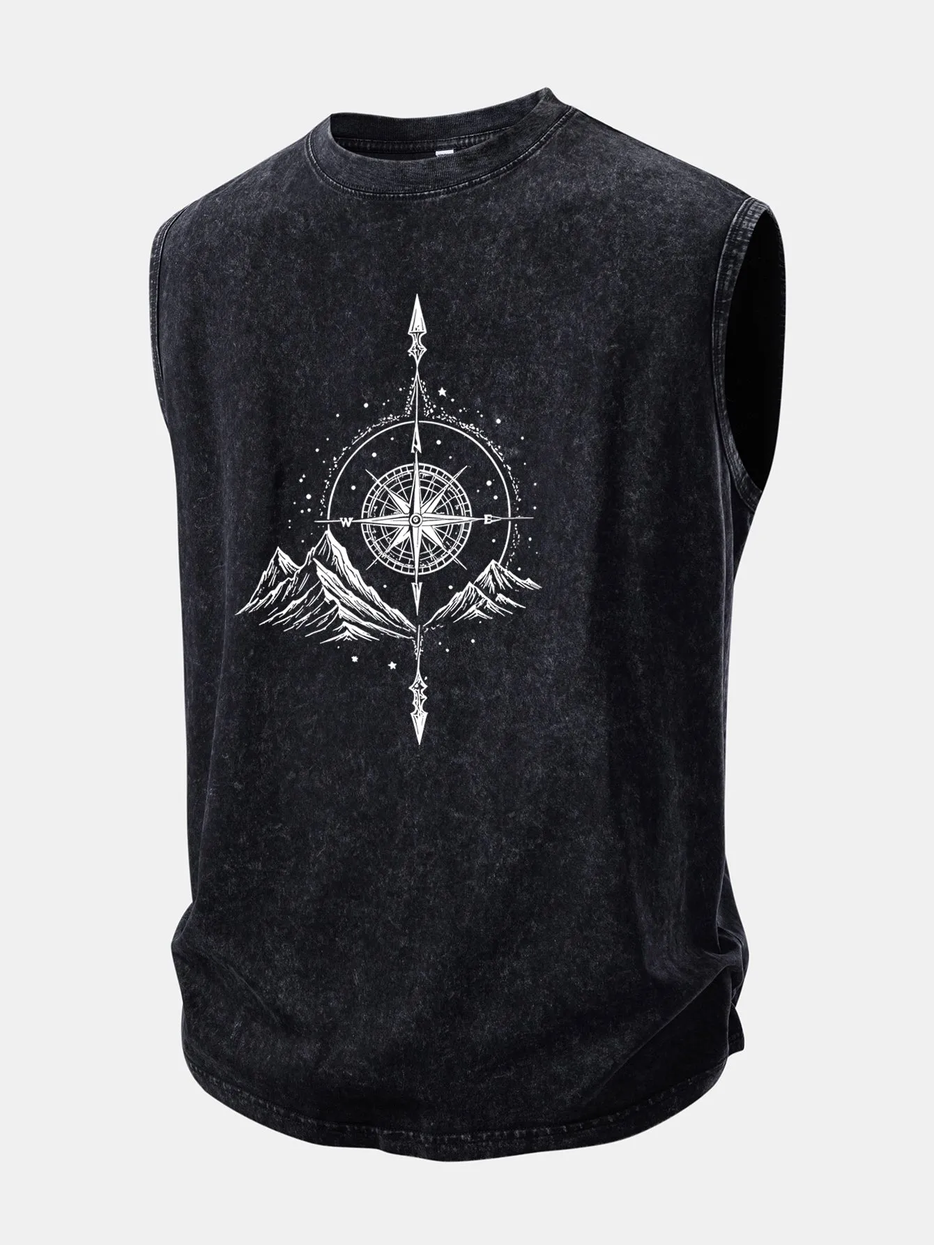 Mountain Compass Print Washed Distressed Tank Top sold by Hoooyi