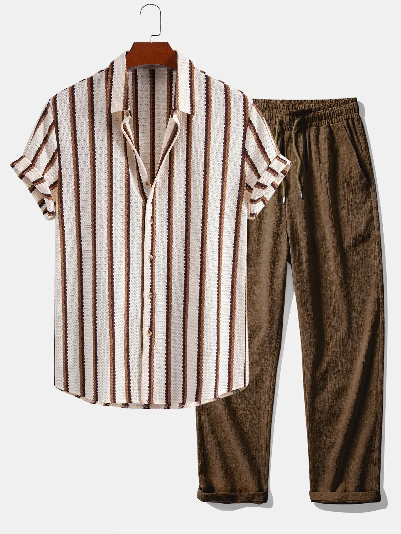 Stripe Waffle Button Up Shirt & Crinkle Textured Straight Leg Pants sold by Hoooyi
