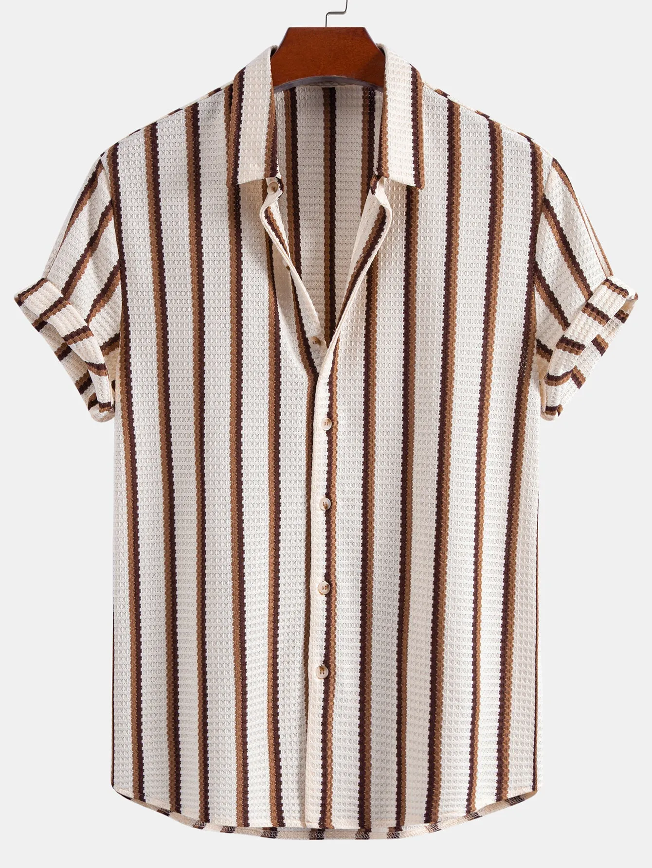 Stripe Waffle Button Up Shirt & Crinkle Textured Straight Leg Pants sold by Hoooyi product image thumbnail 2
