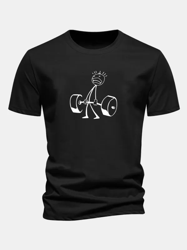 Regular Fit Stick Figure Weightlifting Print Cotton T-Shirt made by Hoooyi