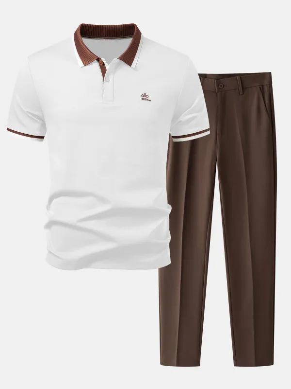 Contrast Trim Polo & Slim Fit Tapered Trousers made by Hoooyi