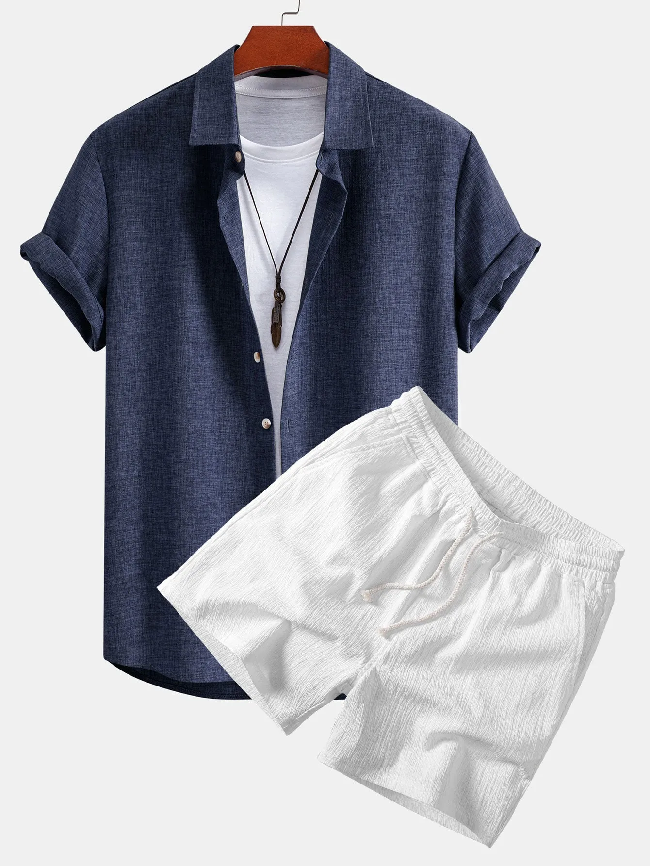 Linen Look Button Up Shirt & Crinkle Textured Drawstring 5" Shorts sold by Hoooyi product image thumbnail 2