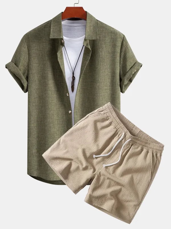 Linen Look Button Up Shirt & Crinkle Textured Drawstring 5" Shorts made by Hoooyi