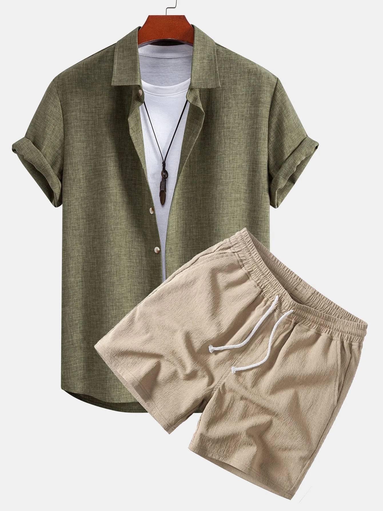 Linen Look Button Up Shirt & Crinkle Textured Drawstring 5" Shorts sold by Hoooyi