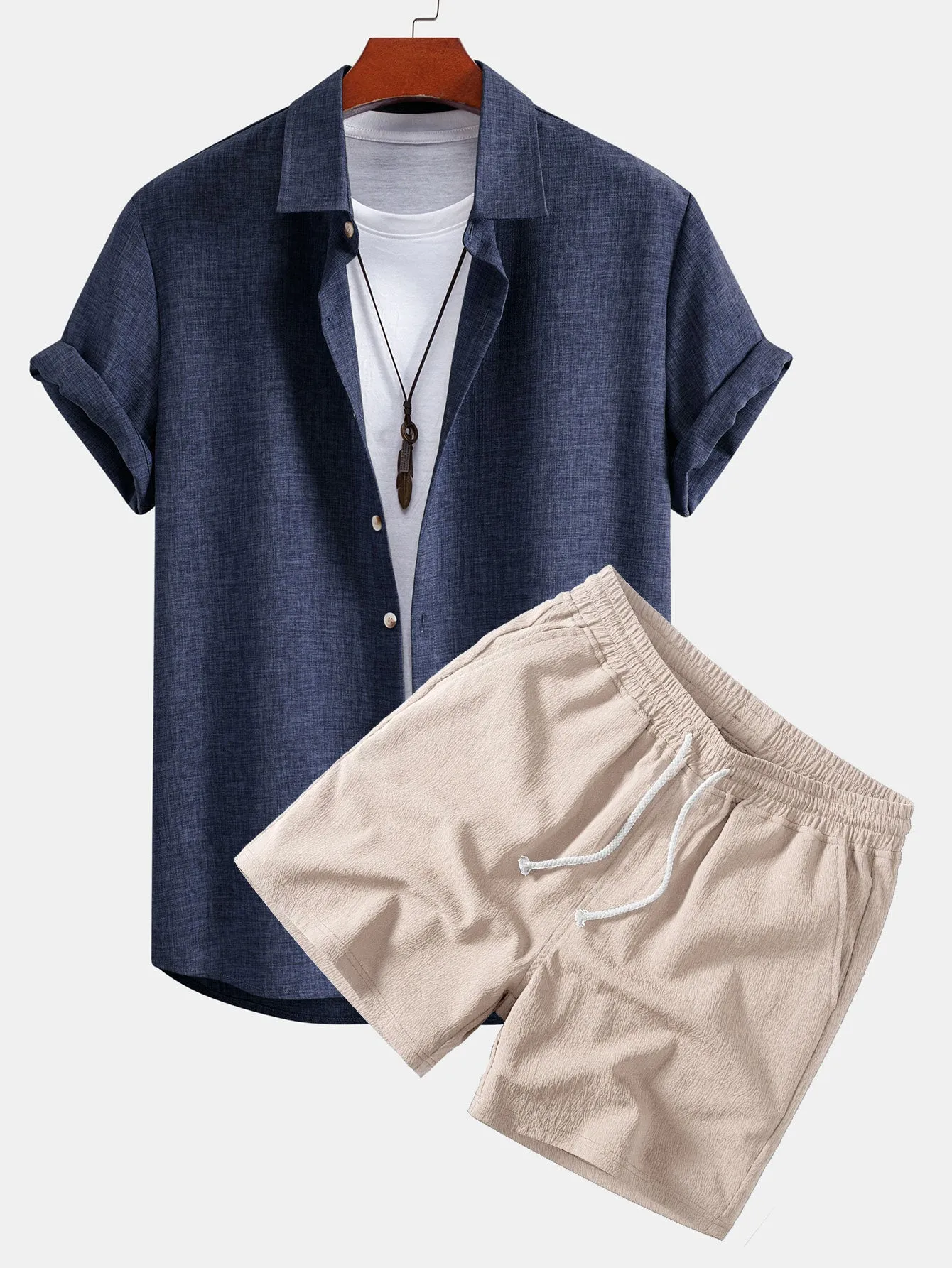 Linen Look Button Up Shirt & Crinkle Textured Drawstring 5" Shorts sold by Hoooyi product image thumbnail 3