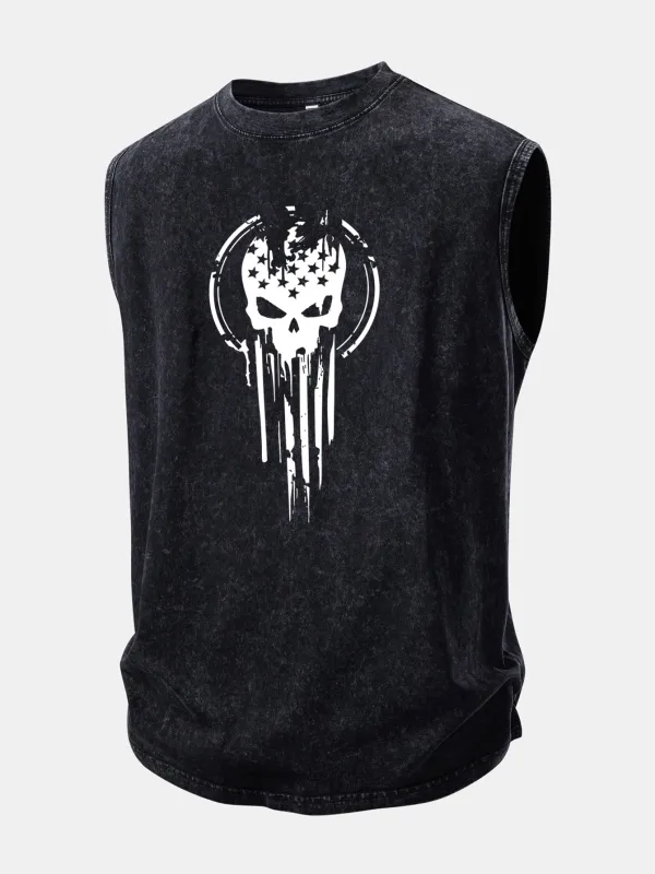 American Flag Skull Print Washed Distressed Tank Top made by Hoooyi