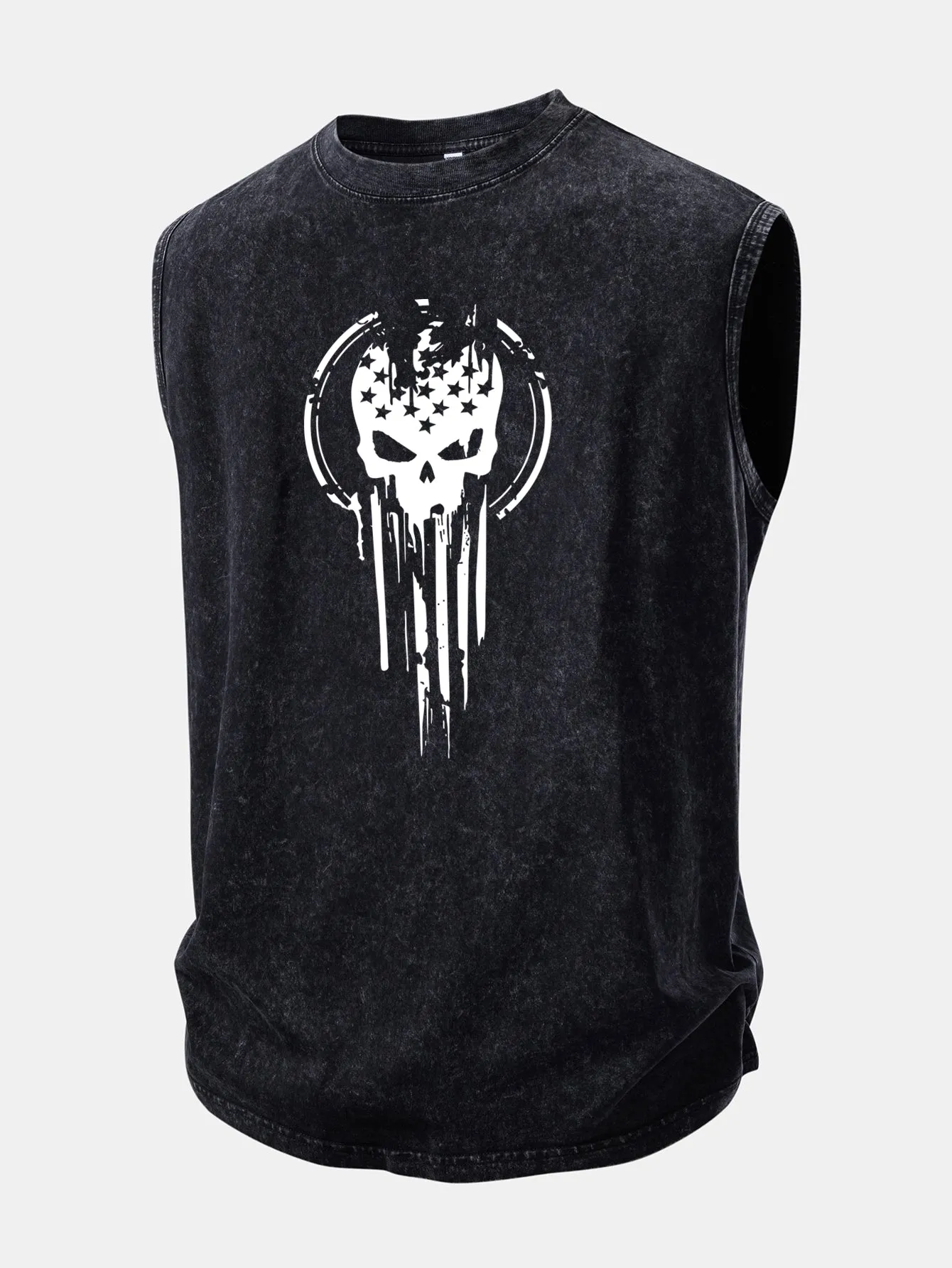 American Flag Skull Print Washed Distressed Tank Top sold by Hoooyi