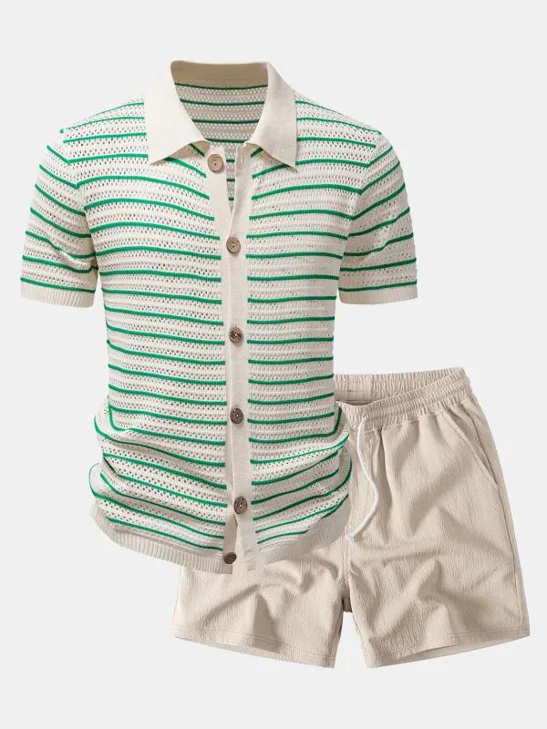 Stripe Open Knit Shirt & Crinkle Textured Drawstring 5" Shorts made by Hoooyi
