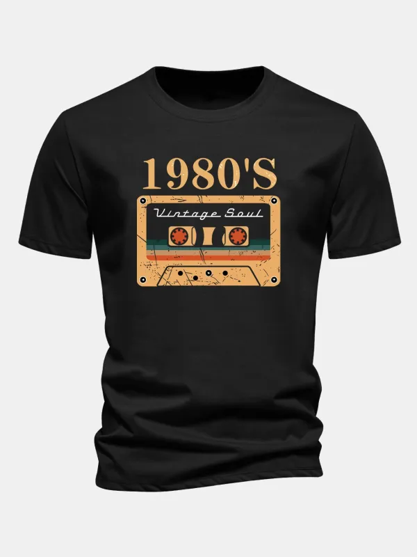 Regular Fit 1980's Cassette Tape Print Cotton T-Shirt made by Hoooyi