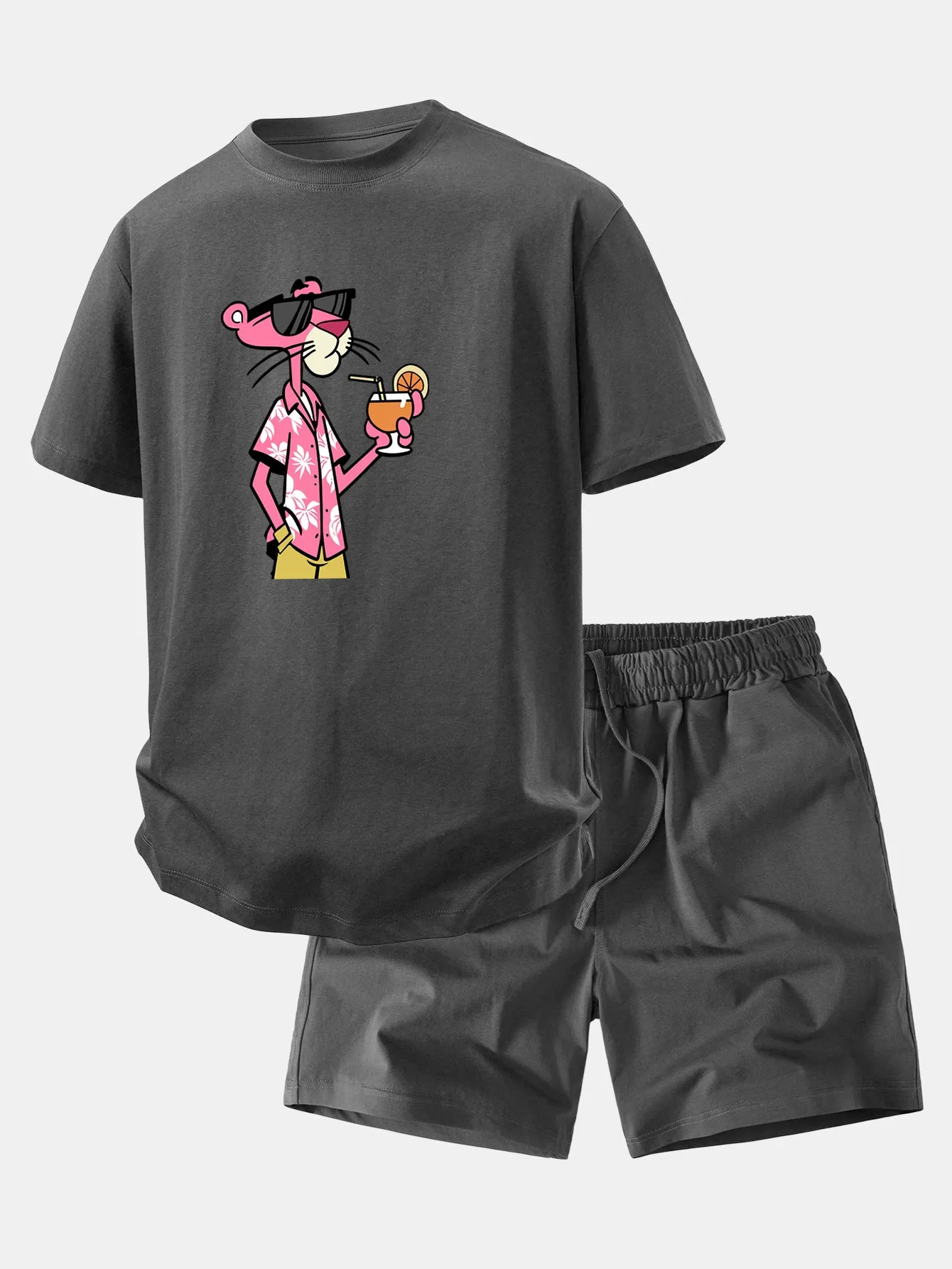 Relax Fit Vacation Pink Panther Print Crew Collar T-Shirt & Drawstring Jersey 7" Shorts sold by Hoooyi product image thumbnail 3