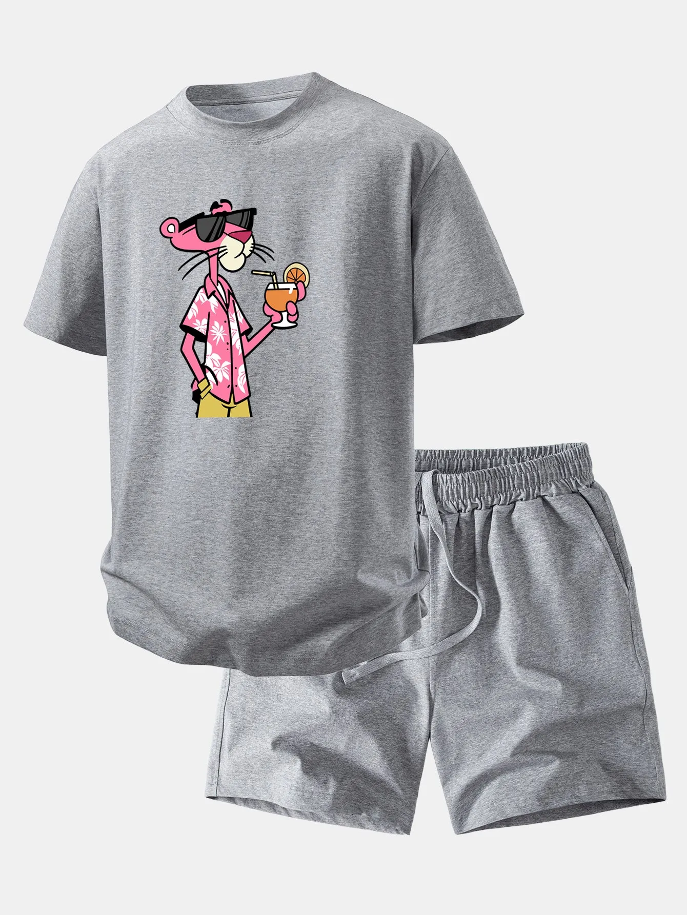 Relax Fit Vacation Pink Panther Print Crew Collar T-Shirt & Drawstring Jersey 7" Shorts sold by Hoooyi product image thumbnail 5