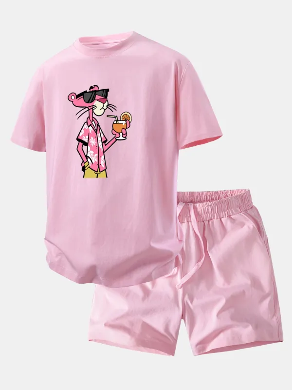 Relax Fit Vacation Pink Panther Print Crew Collar T-Shirt & Drawstring Jersey 7" Shorts made by Hoooyi