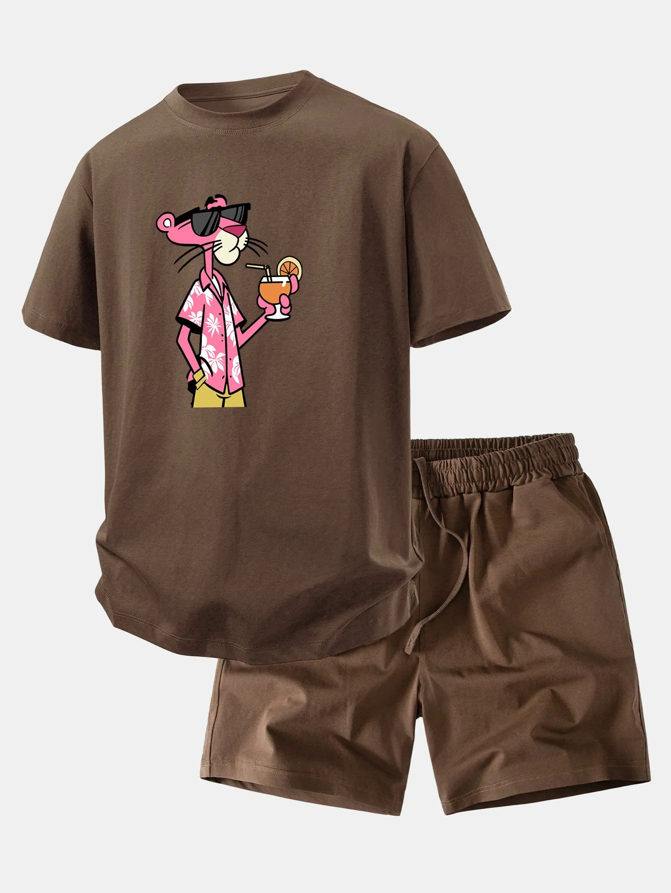 Relax Fit Vacation Pink Panther Print Crew Collar T-Shirt & Drawstring Jersey 7" Shorts sold by Hoooyi product image thumbnail 2