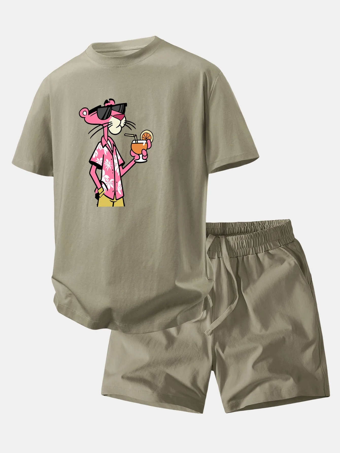 Relax Fit Vacation Pink Panther Print Crew Collar T-Shirt & Drawstring Jersey 7" Shorts sold by Hoooyi product image thumbnail 4