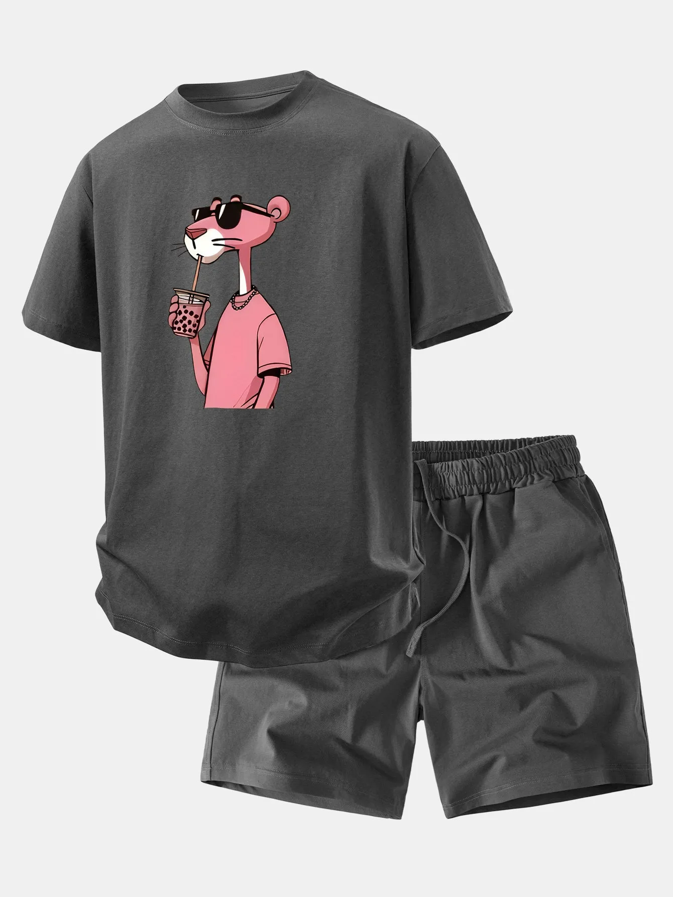 Relax Fit Pink Panther Print Crew Collar T-Shirt & Drawstring Jersey 7" Shorts sold by Hoooyi product image thumbnail 5