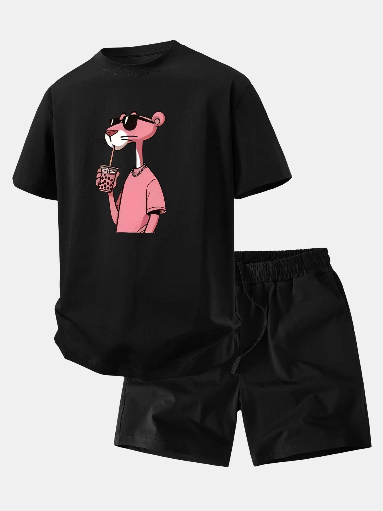Relax Fit Pink Panther Print Crew Collar T-Shirt & Drawstring Jersey 7" Shorts sold by Hoooyi product image thumbnail 2