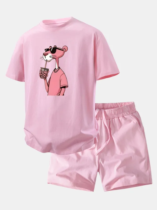 Relax Fit Pink Panther Print Crew Collar T-Shirt & Drawstring Jersey 7" Shorts made by Hoooyi