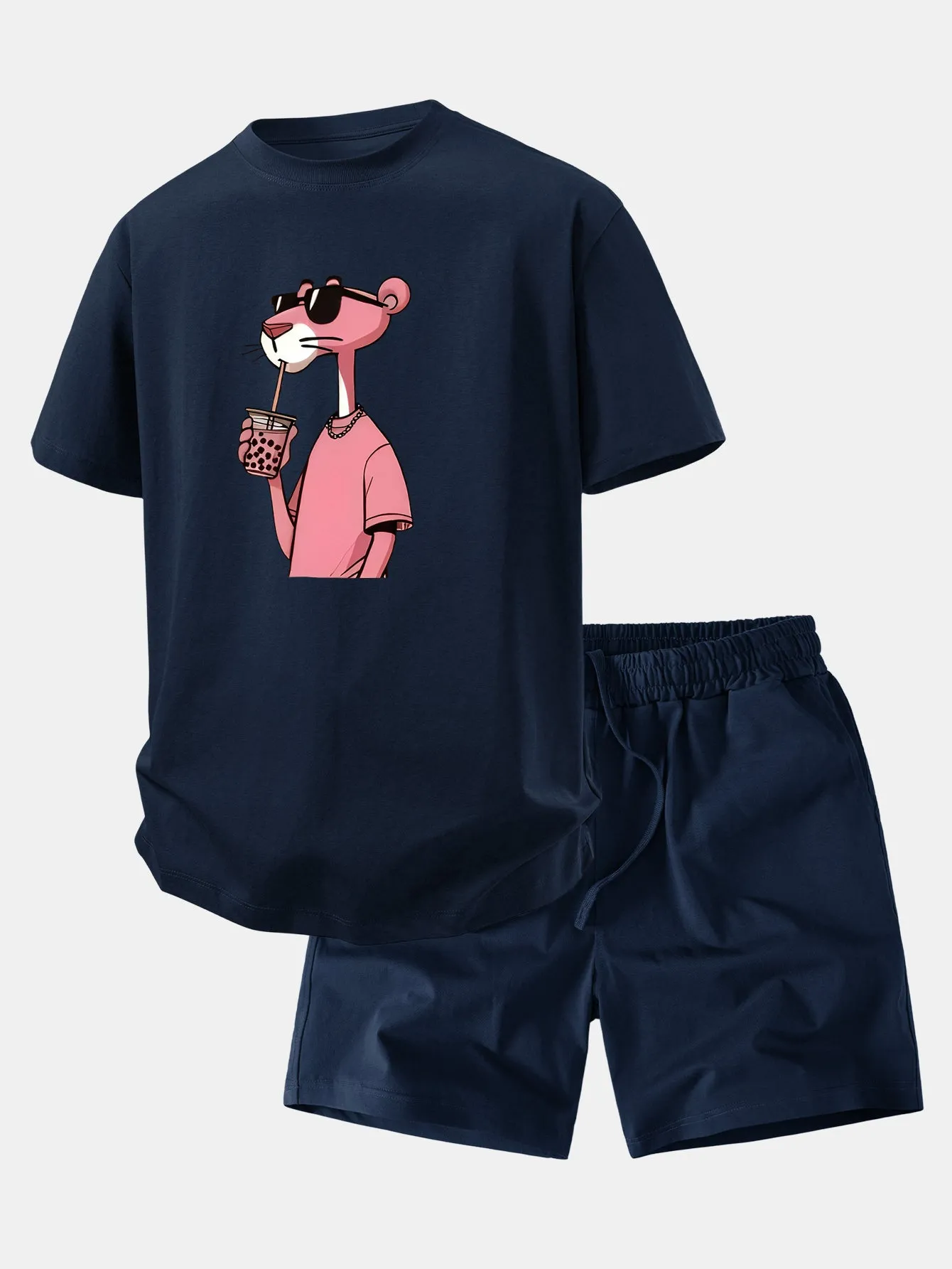 Relax Fit Pink Panther Print Crew Collar T-Shirt & Drawstring Jersey 7" Shorts sold by Hoooyi product image thumbnail 4