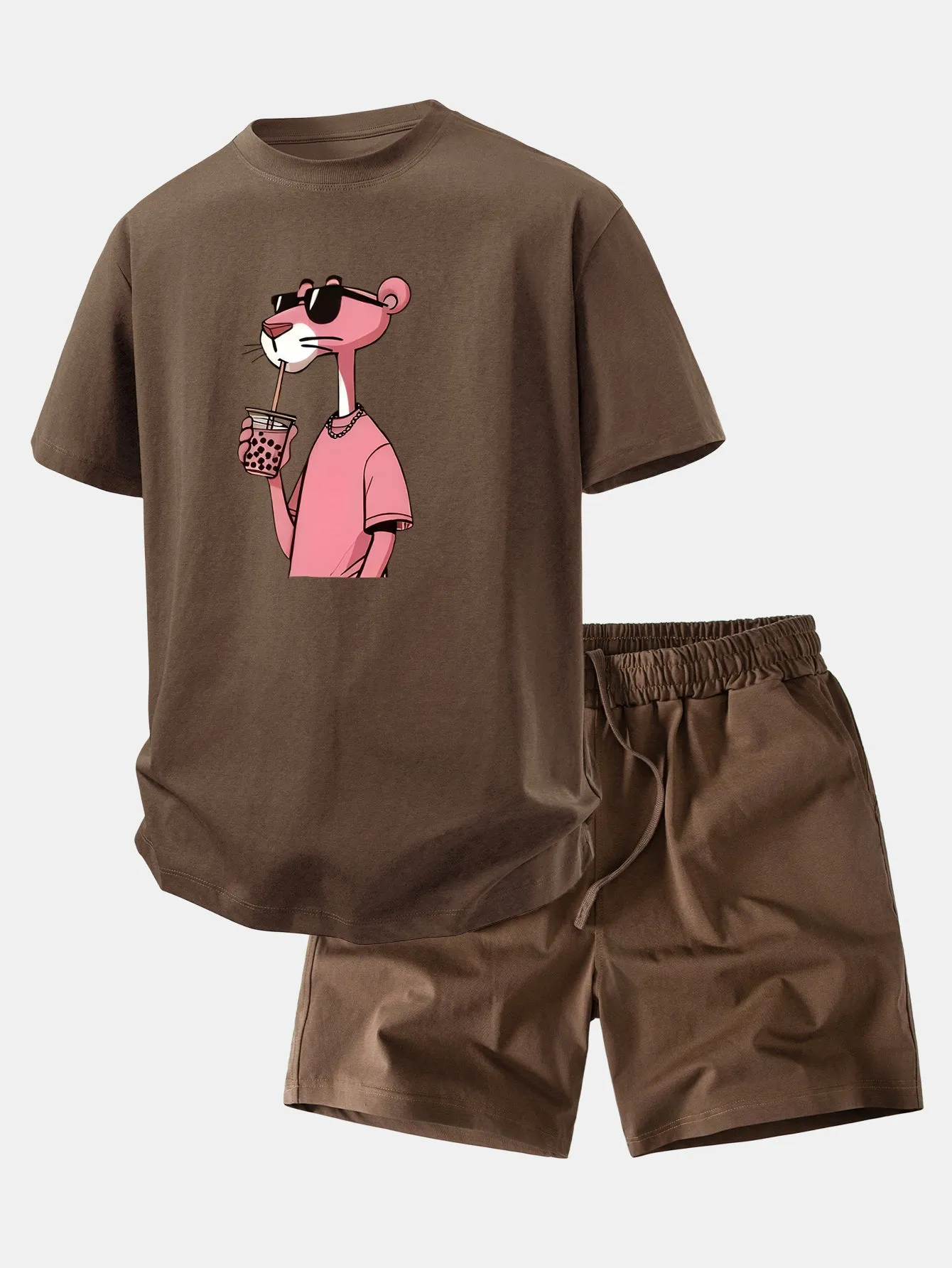 Relax Fit Pink Panther Print Crew Collar T-Shirt & Drawstring Jersey 7" Shorts sold by Hoooyi product image thumbnail 3