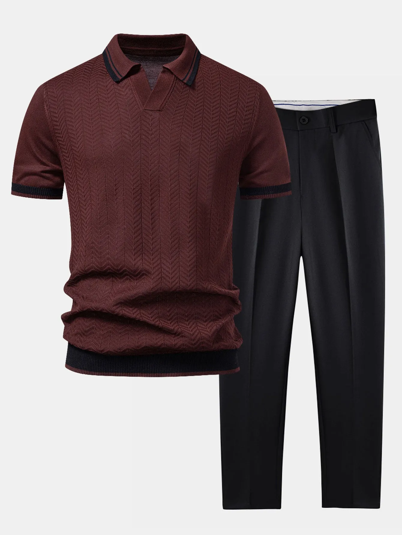 Contrast Textured Jacquard V Neck Knit Polo & Slim Fit Tapered Trousers sold by Hoooyi product image thumbnail 3