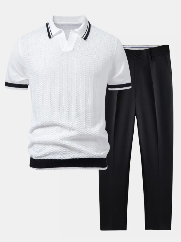 Contrast Textured Jacquard V Neck Knit Polo & Slim Fit Tapered Trousers made by Hoooyi