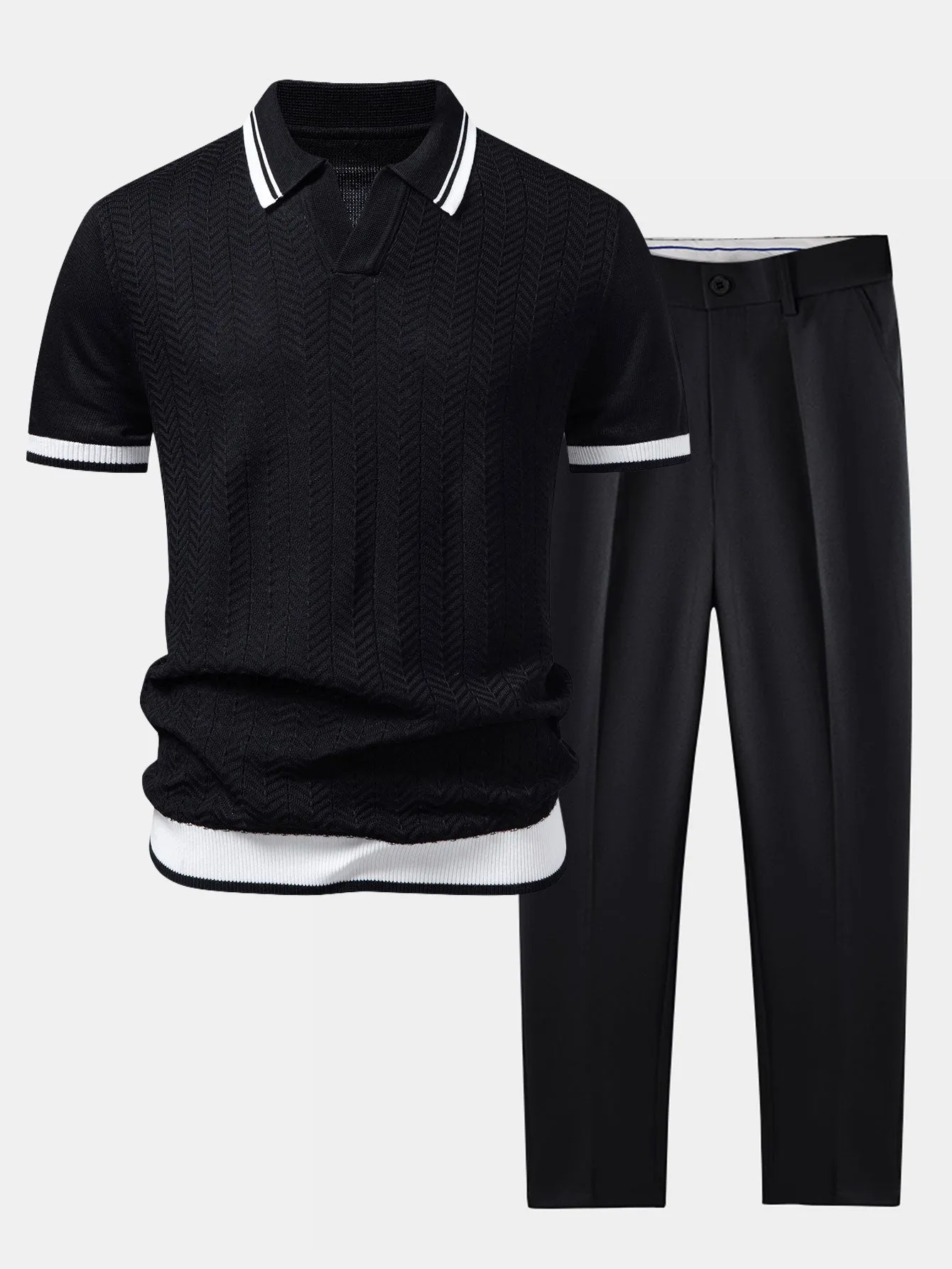 Contrast Textured Jacquard V Neck Knit Polo & Slim Fit Tapered Trousers sold by Hoooyi product image thumbnail 2