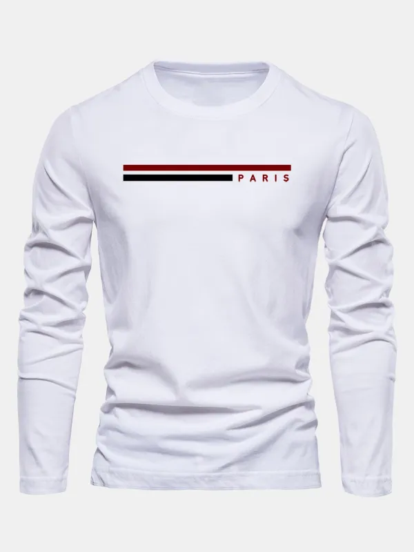 Long Sleeve Stripe Paris Print Cotton T-Shirt made by Hoooyi
