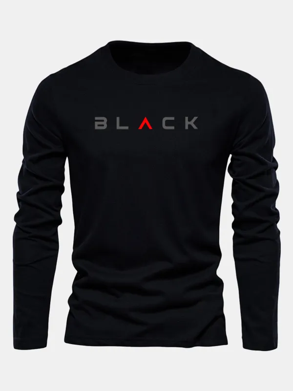 Long Sleeve Black Print Cotton T-Shirt made by Hoooyi