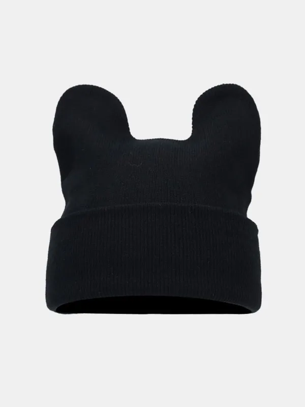 Cow Ear Knit Beanie, Soft Cuffed Animal Ear Winter Warm Knitted Skull Cap Casual Streetwear Hat made by Hoooyi