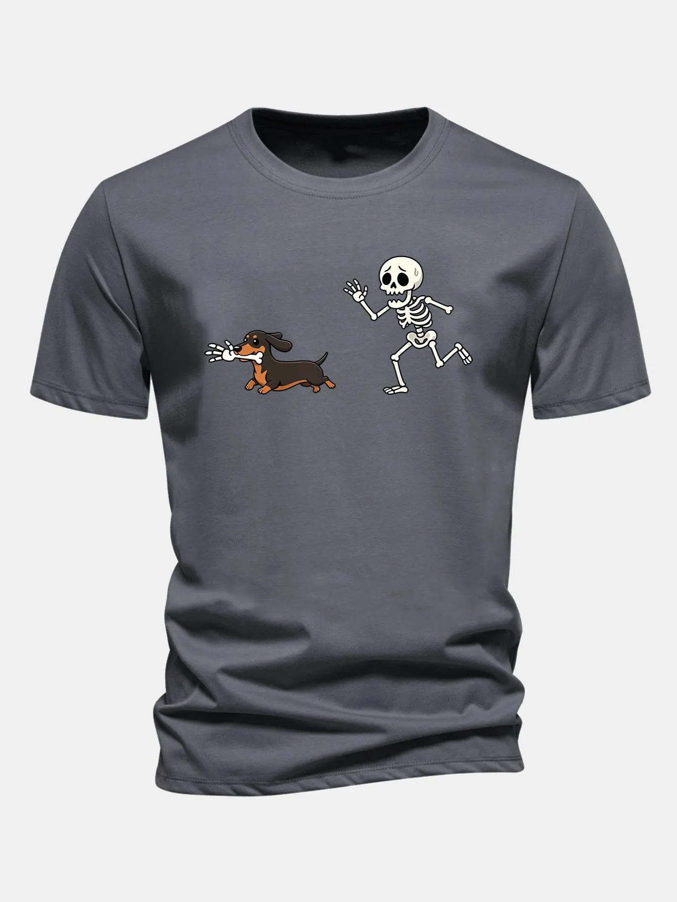 Regular Fit Skeleton Chasing Dachshund Print Cotton T-Shirt sold by Hoooyi product image thumbnail 4