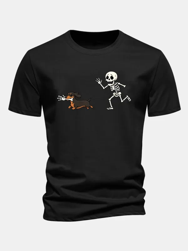Regular Fit Skeleton Chasing Dachshund Print Cotton T-Shirt made by Hoooyi