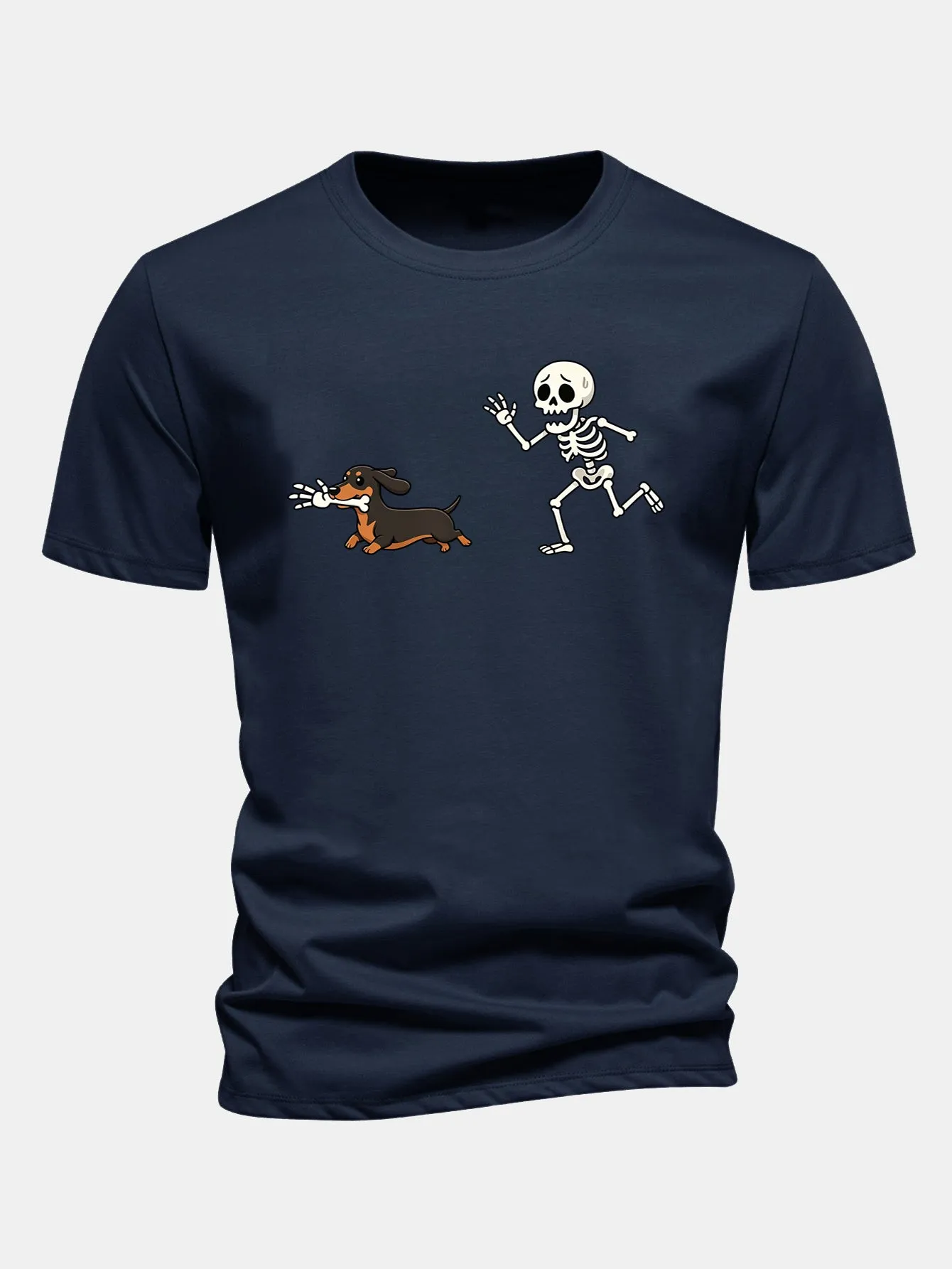 Regular Fit Skeleton Chasing Dachshund Print Cotton T-Shirt sold by Hoooyi product image thumbnail 2