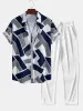 Color Block Geometry Print Button Up Shirt & Straight Leg Ribbed Pants sold by Hoooyi