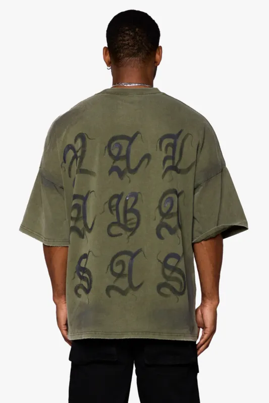 "INKED ENELGANCE" VINTAGE OLIVE OVERSIZED TEE sold by valabasas