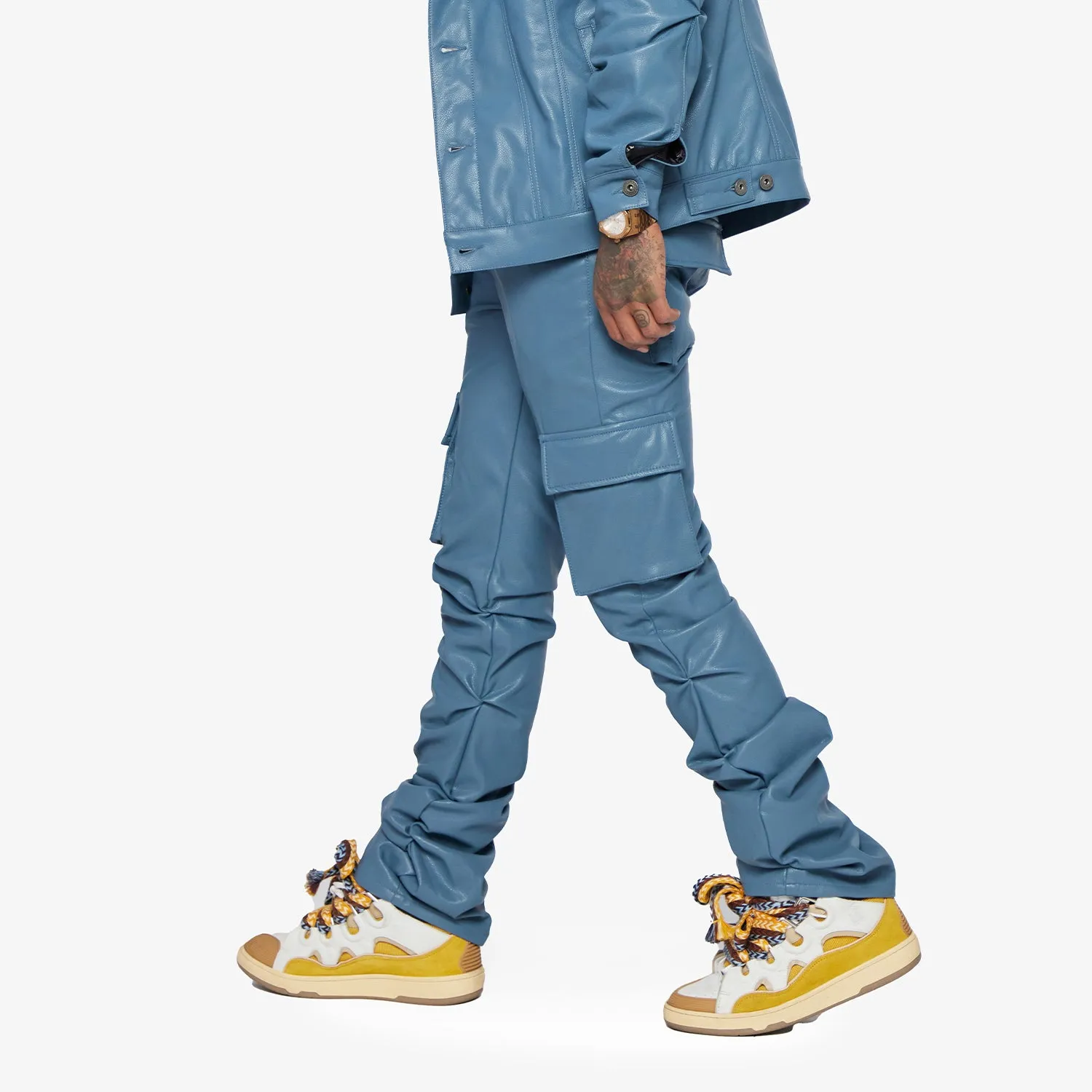 "KNIGHT" BLUE-LEATHER STACKED FLARE JEAN sold by valabasas product image thumbnail 2