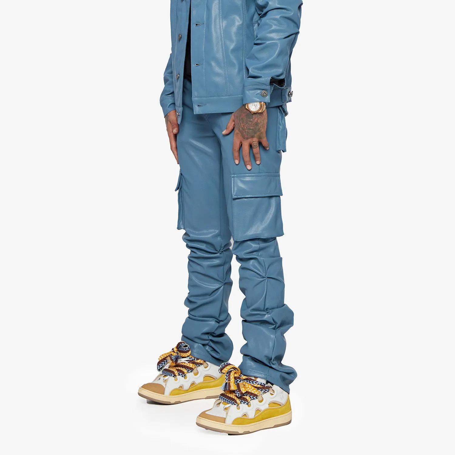 "KNIGHT" BLUE-LEATHER STACKED FLARE JEAN sold by valabasas product image thumbnail 4