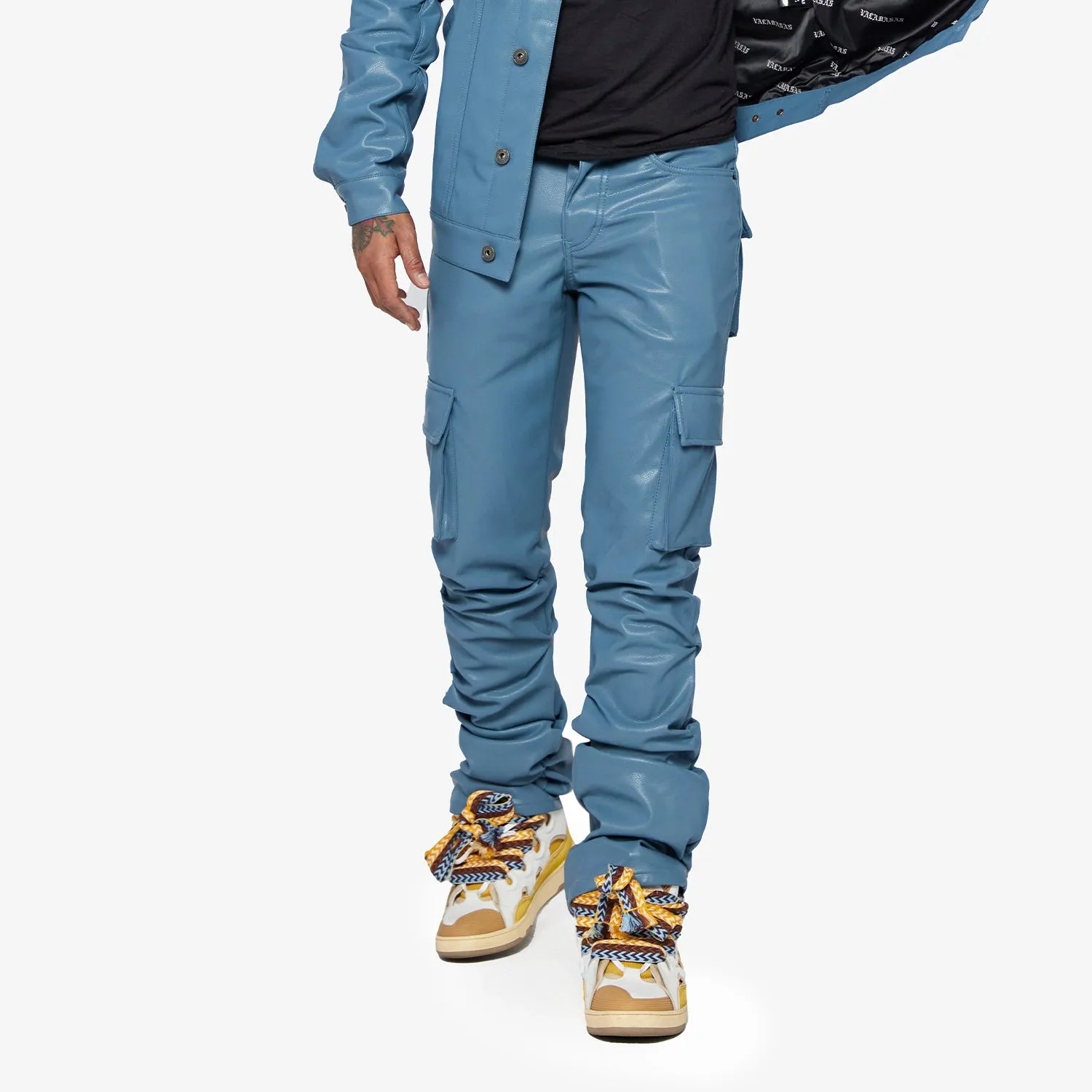 "KNIGHT" BLUE-LEATHER STACKED FLARE JEAN sold by valabasas product image thumbnail 3