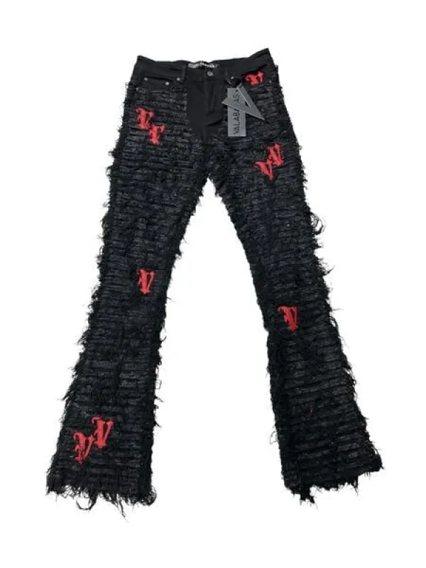 “V-IRONIC” BLACK RED STACKED FLARE JEAN sold by valabasas
