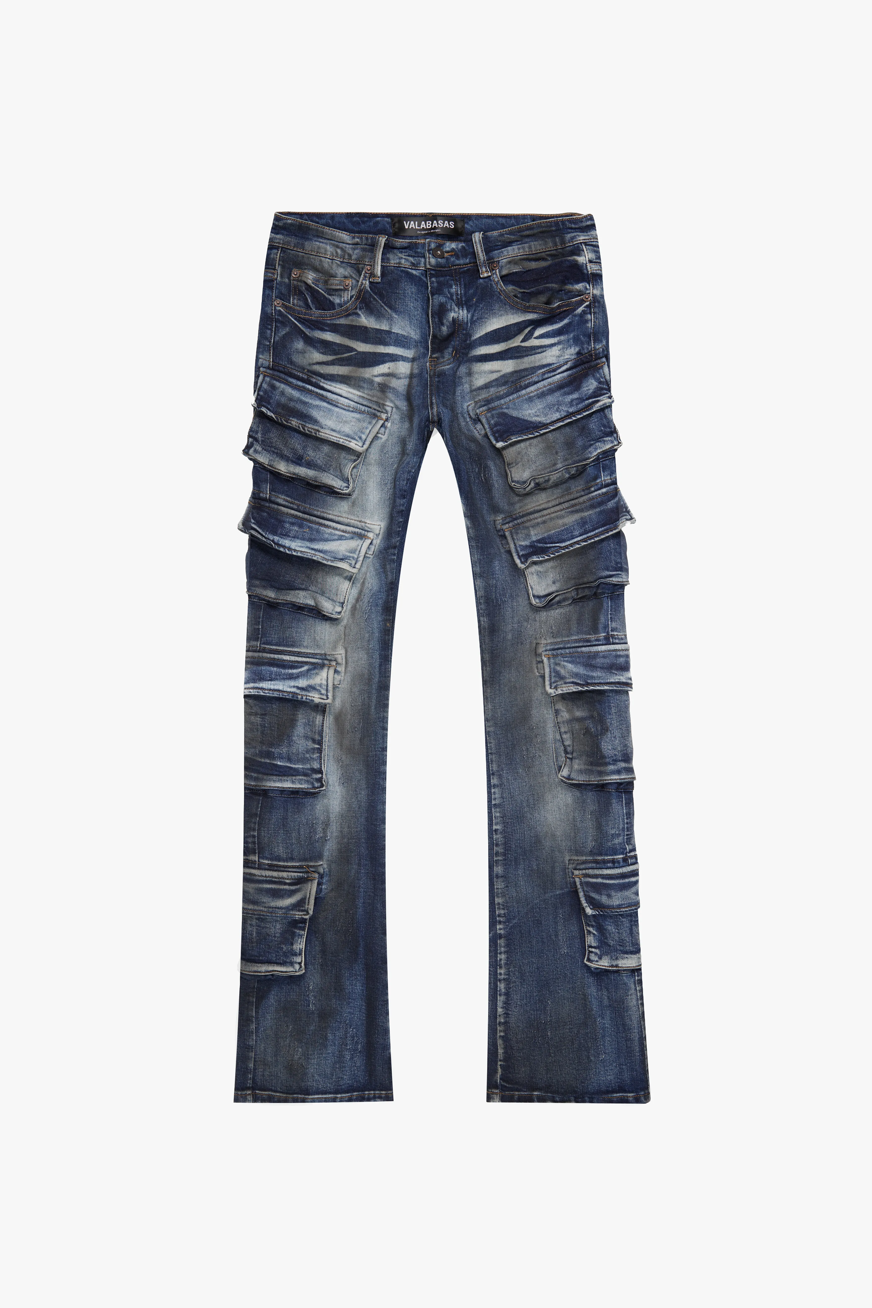 "PINNACLE” BLUE DIRTY WASH STACKED FLARE JEAN sold by valabasas