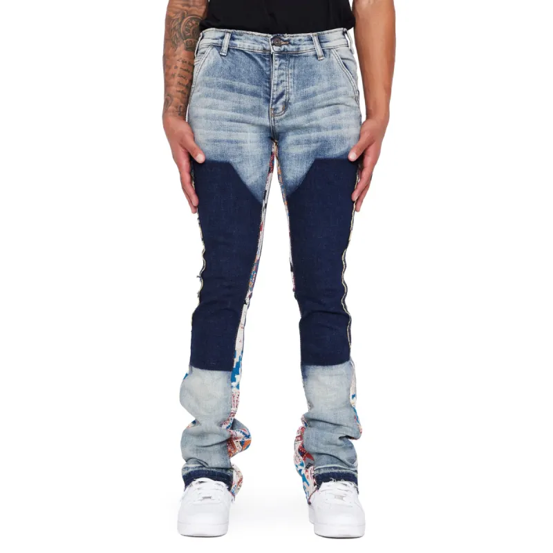 “ALPHA” LT.BLUE JACQUARD STACKED FLARE JEAN sold by valabasas