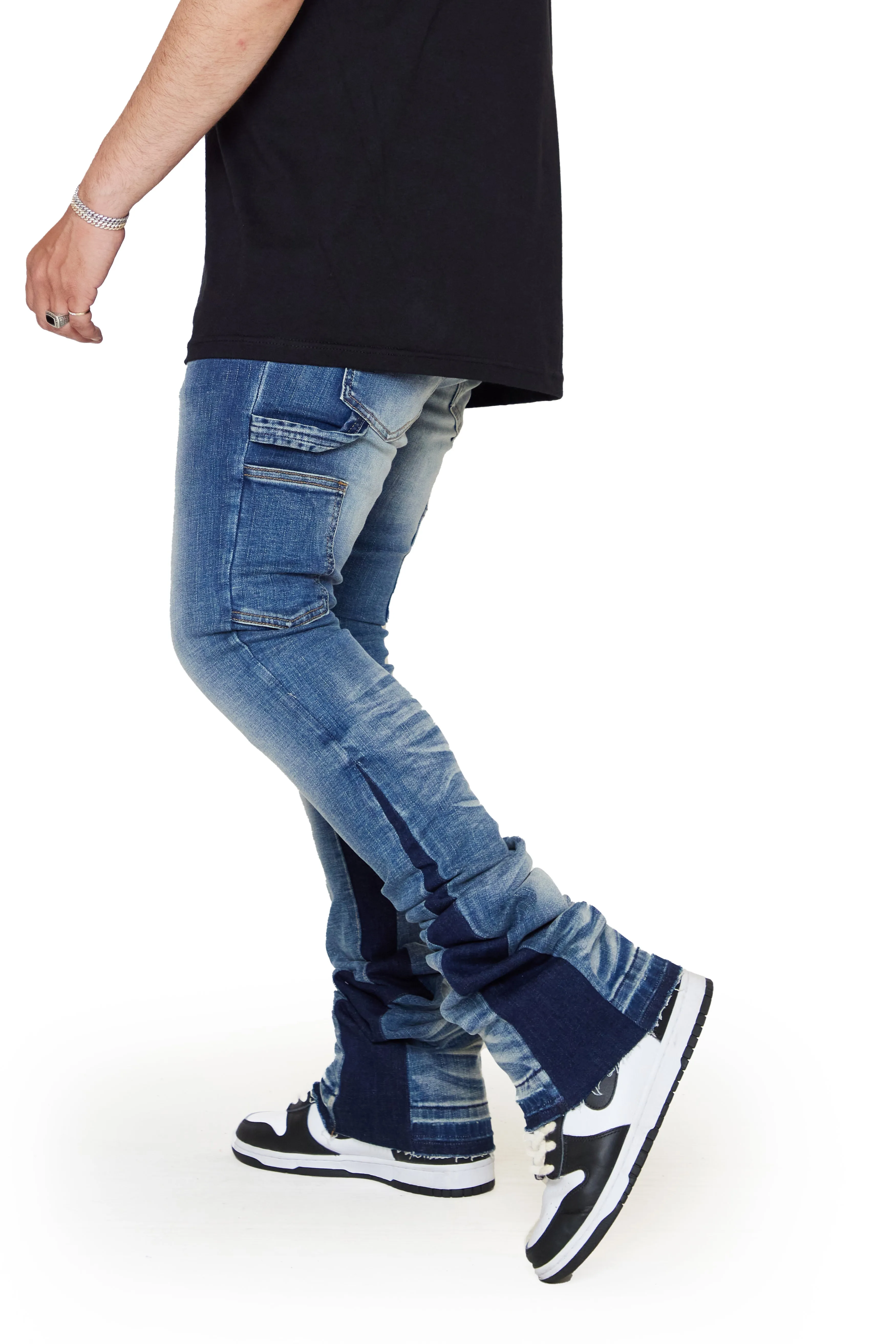 “VERTICLE” BLUE WASH STACKED FLARE JEAN sold by valabasas