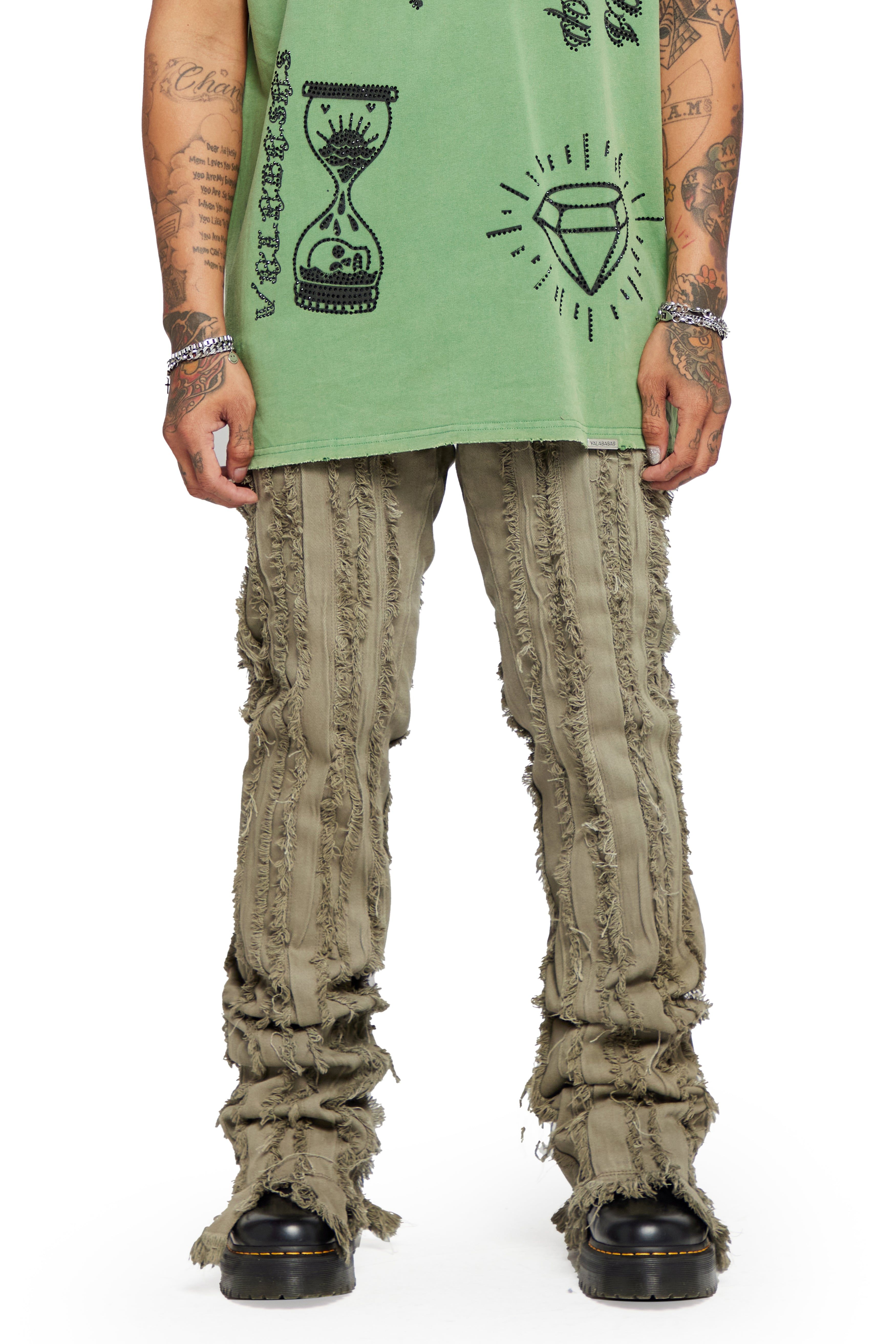 “BANDA” MOTH GREY GREEN STACKED FLARE JEAN sold by valabasas