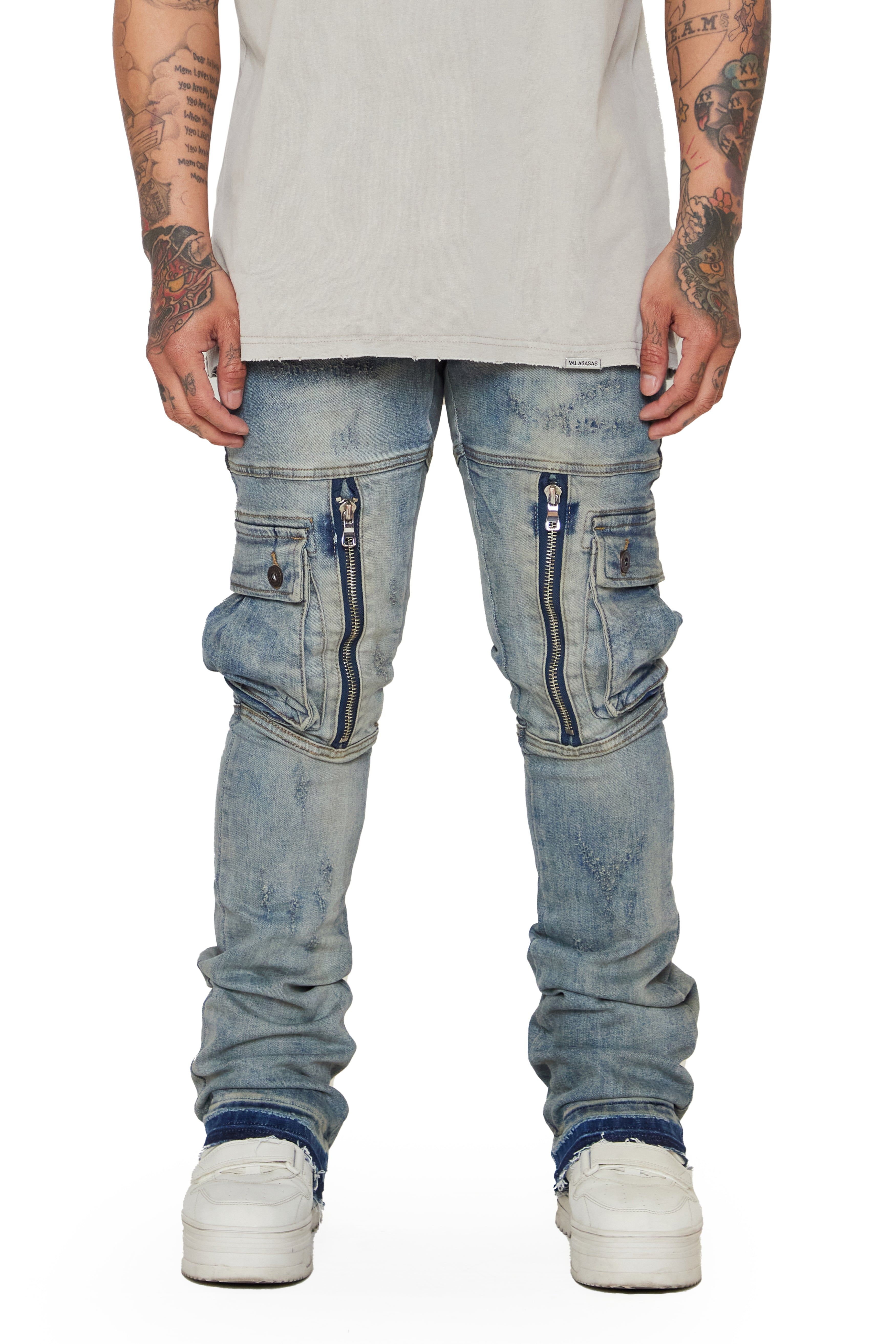 “OCEAN” BLUE DIRTY WASH STACKED FLARE JEAN sold by valabasas