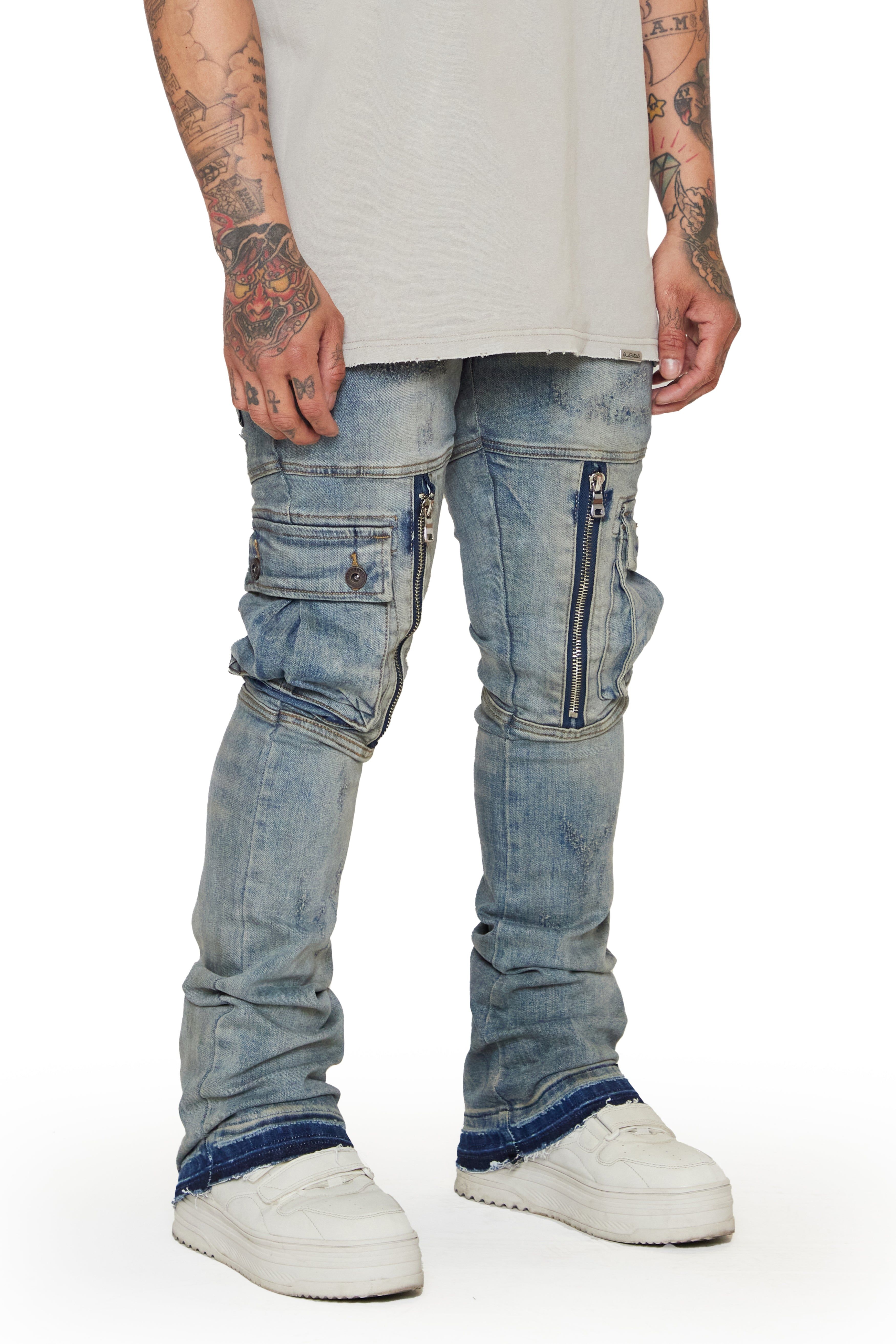 “OCEAN” BLUE DIRTY WASH STACKED FLARE JEAN sold by valabasas product image thumbnail 5