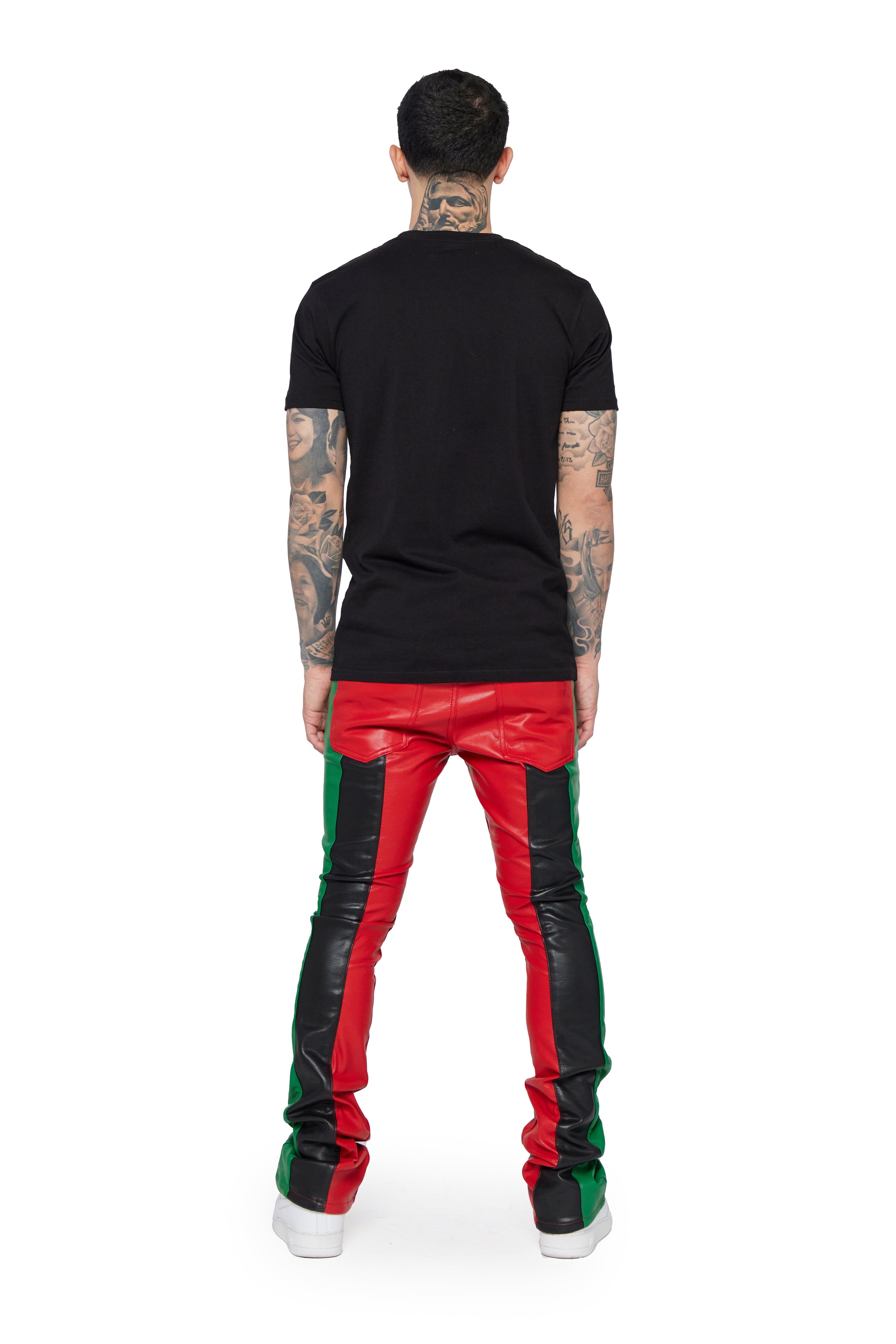 "INTERNATIONAL" RED/BLACK/GREEN STACKED FLARE JEAN sold by valabasas product image thumbnail 5