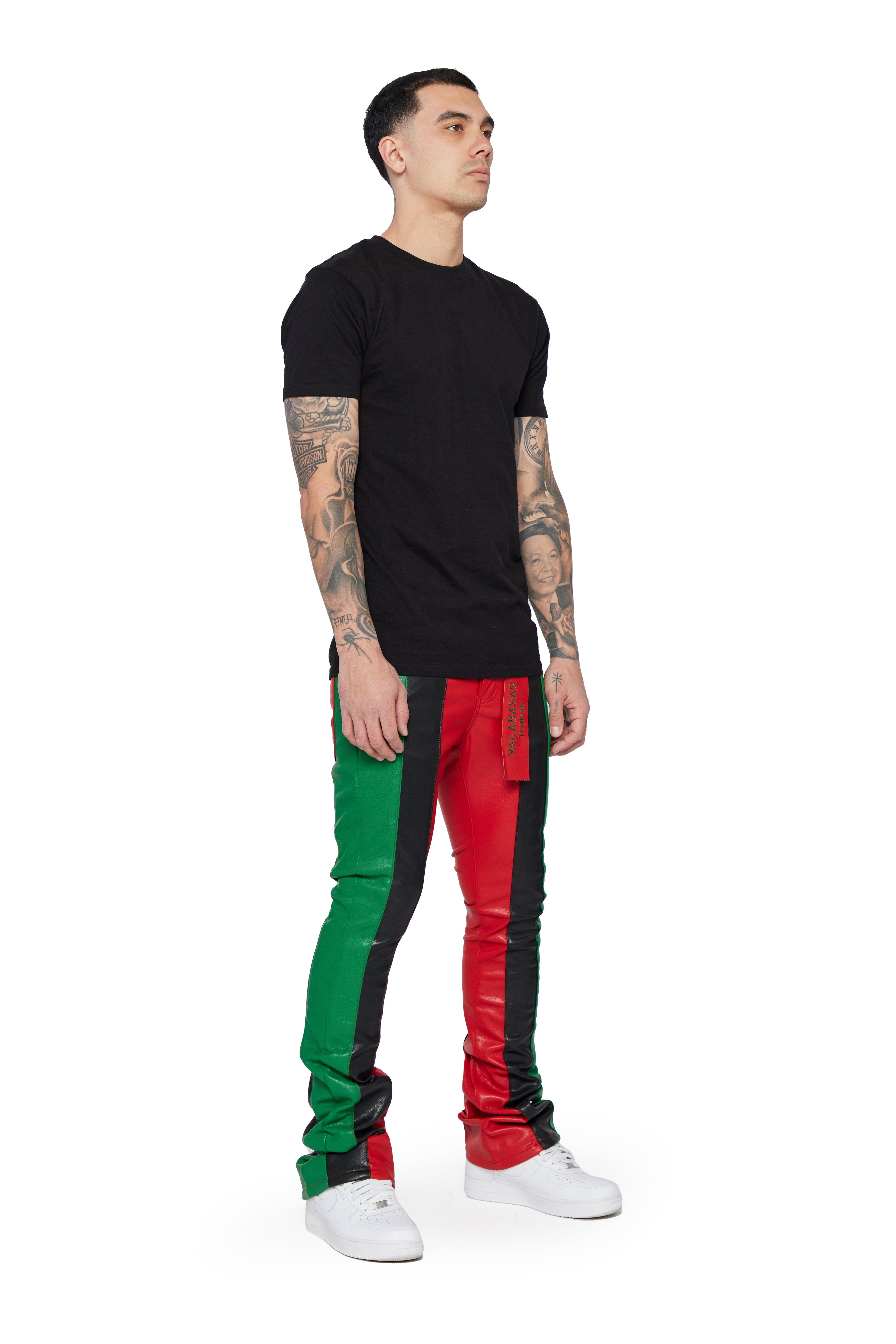 "INTERNATIONAL" RED/BLACK/GREEN STACKED FLARE JEAN sold by valabasas product image thumbnail 4