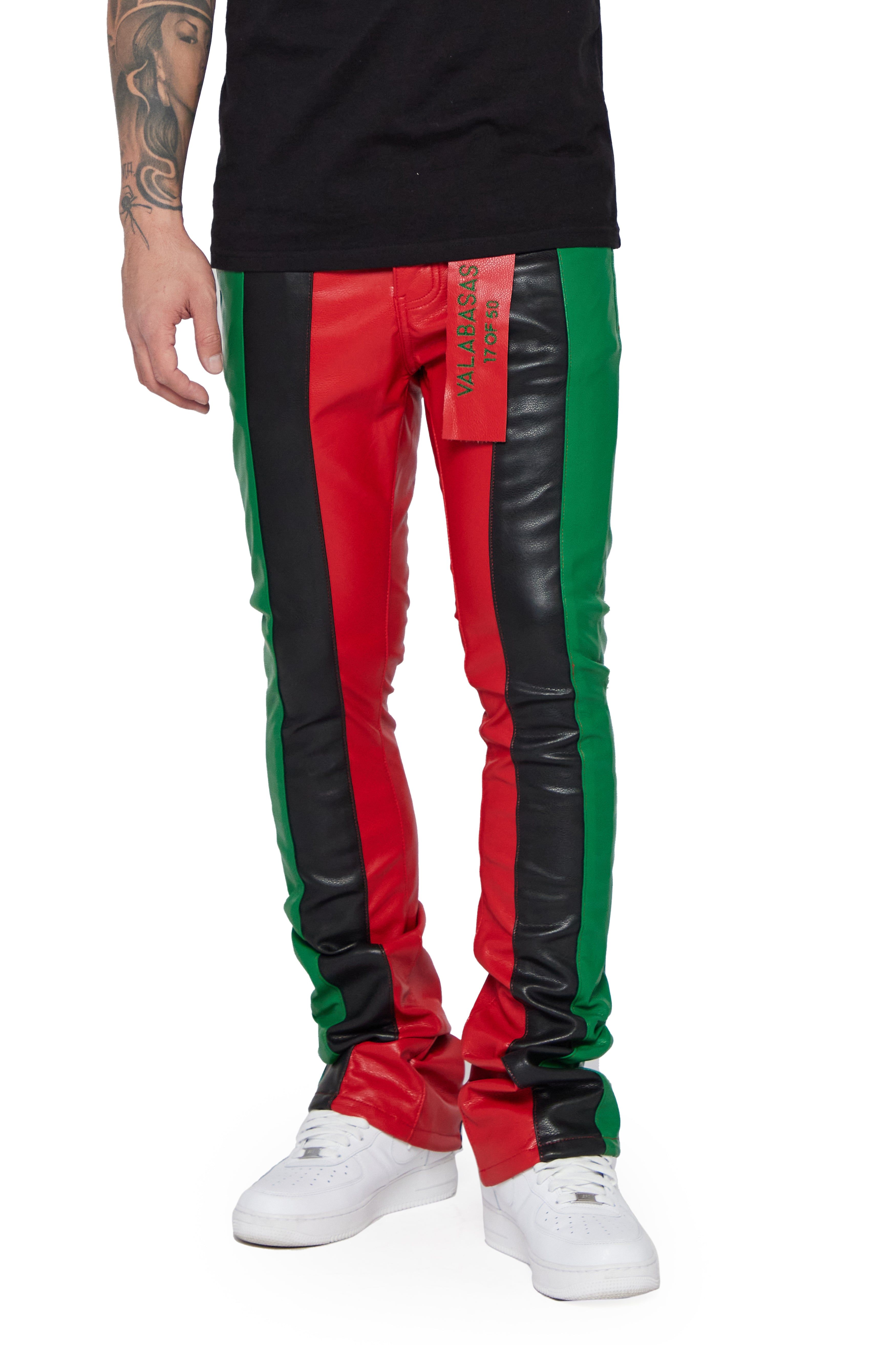 "INTERNATIONAL" RED/BLACK/GREEN STACKED FLARE JEAN sold by valabasas product image thumbnail 3