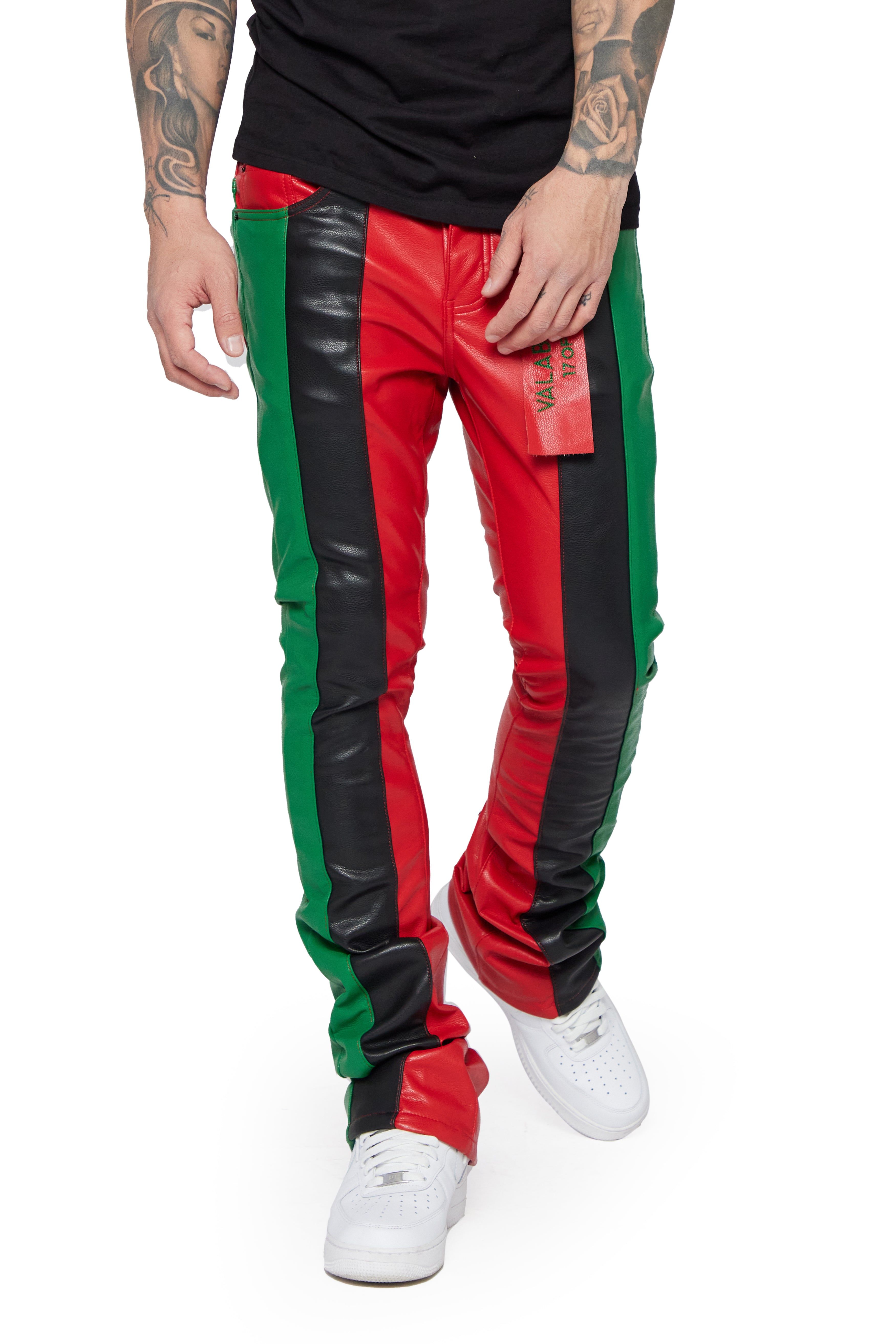 "INTERNATIONAL" RED/BLACK/GREEN STACKED FLARE JEAN sold by valabasas product image thumbnail 2