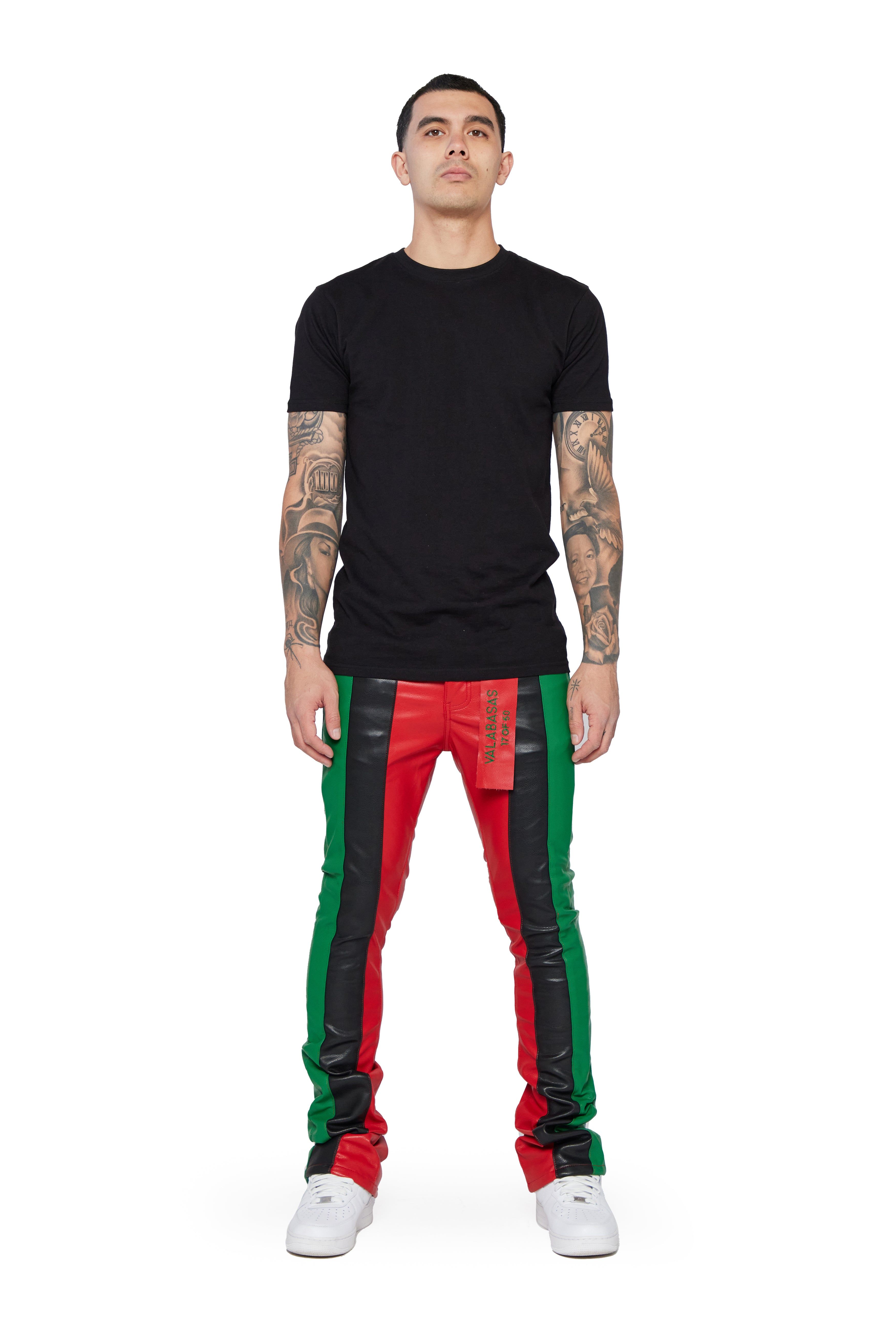 "INTERNATIONAL" RED/BLACK/GREEN STACKED FLARE JEAN sold by valabasas